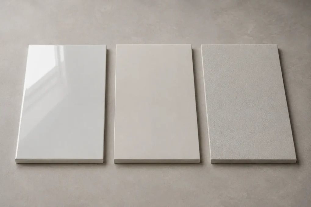 Glazed, matte and textured tile finishes compared before cleaning