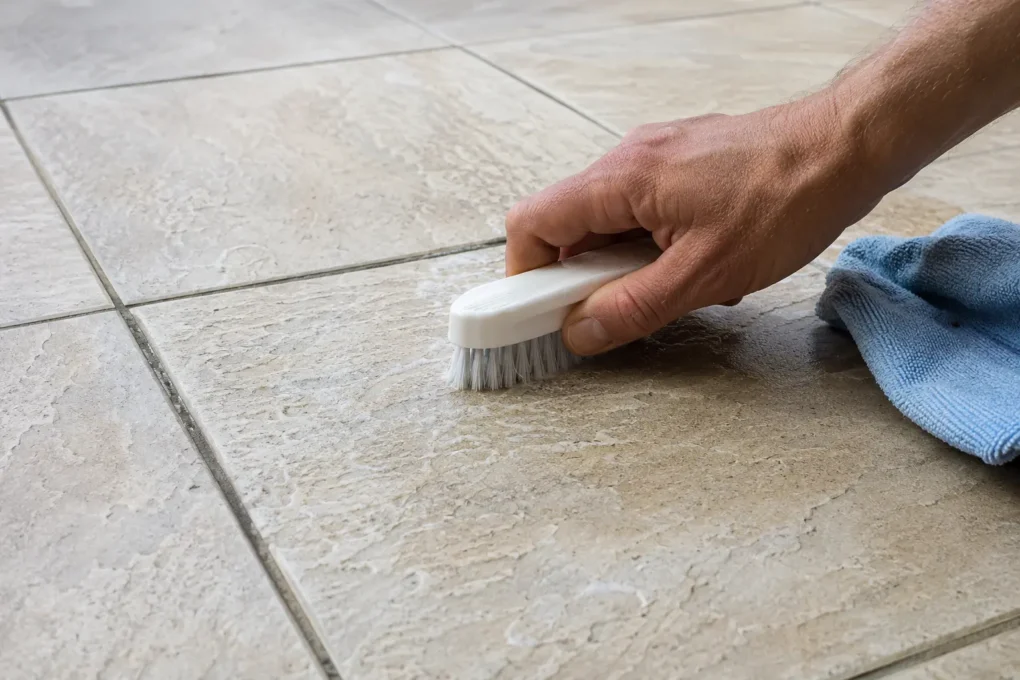 Soft nylon brush cleaning dirt from textured porcelain tiles