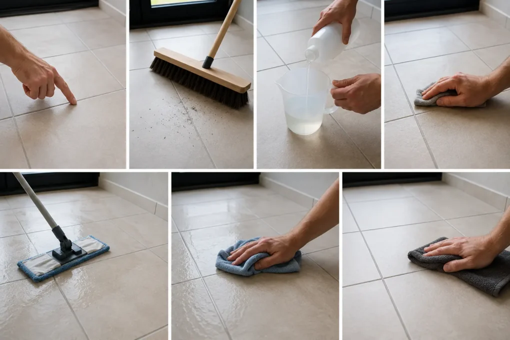 Seven-step process showing how to clean tiles without damage