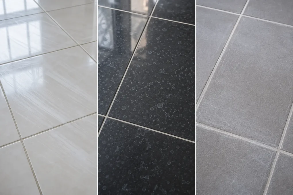 Detergent streaks, mineral spots and grout haze on tiled surfaces