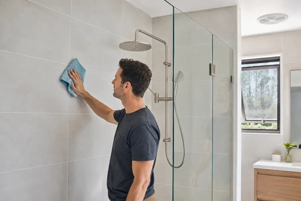 Bathroom shower tiles being cleaned with a soft microfibre cloth