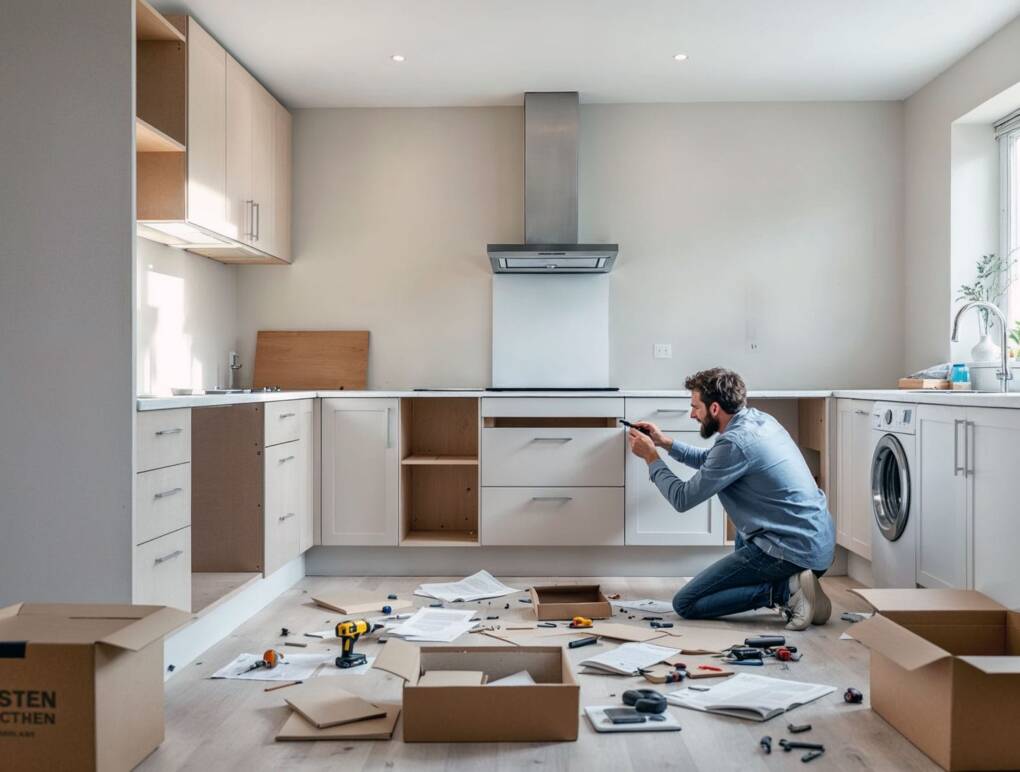 Homeowner assembling flat pack kitchen cabinets during a DIY installation, surrounded by tools, boxes, and partially installed white cabinetry
