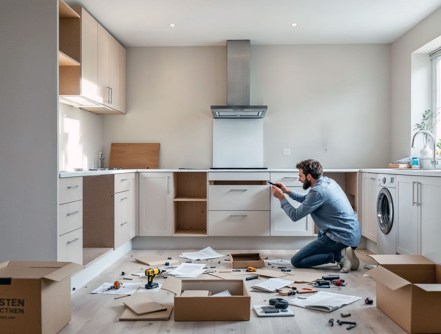 Homeowner assembling flat pack kitchen cabinets during a DIY installation, surrounded by tools, boxes, and partially installed white cabinetry