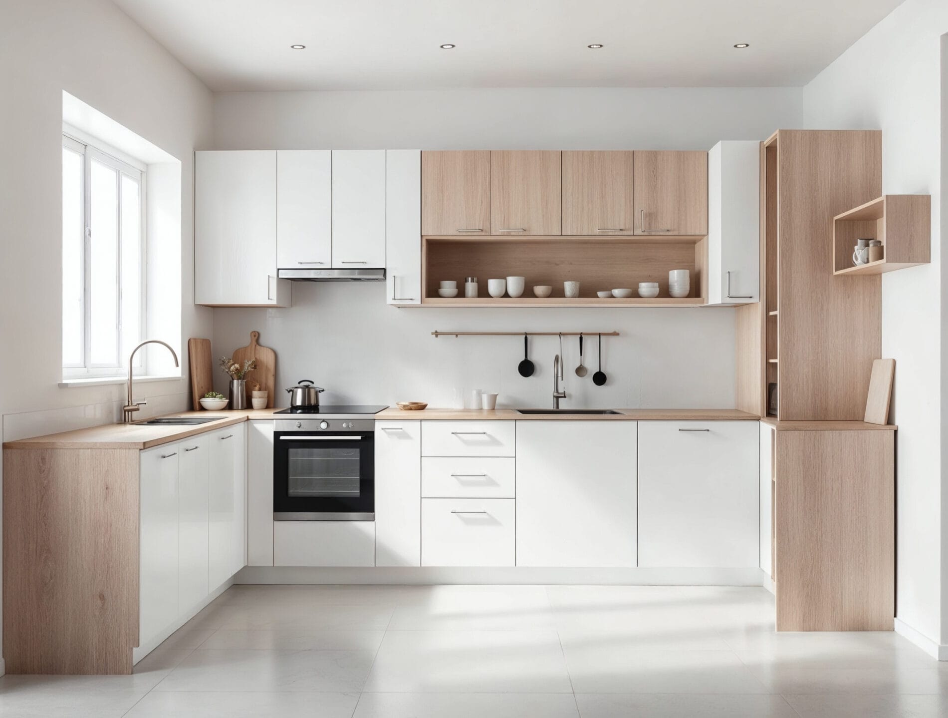 Contemporary kitchen with custom-made white and light wood cabinets, integrated oven, and open shelving designed for a seamless, tailored look