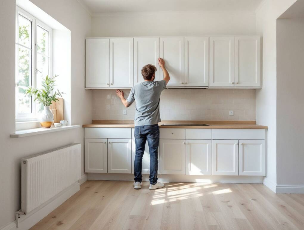 Man installing flatpack kitchen cabinets in a bright white kitchen during a home renovation, adjusting upper cupboard doors
