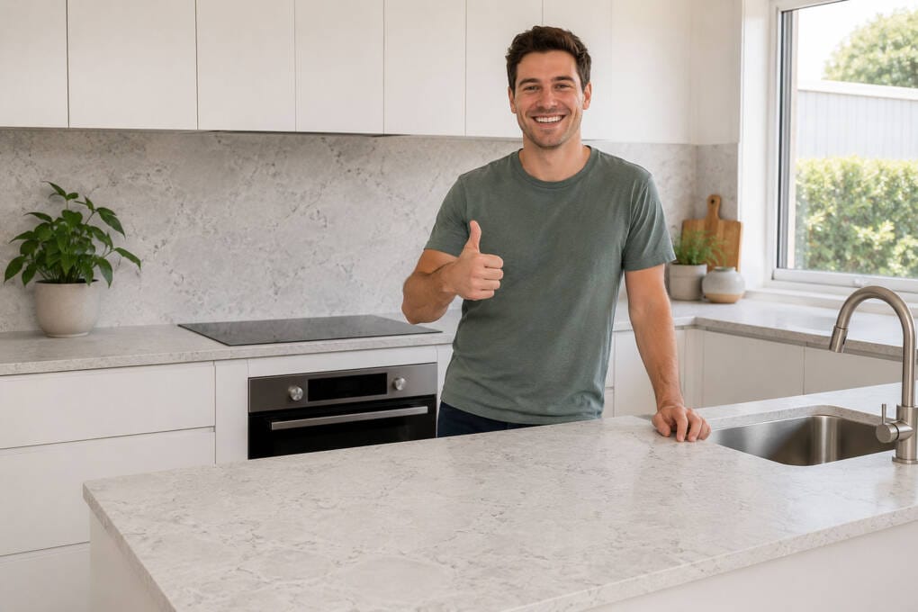 Homeowner giving a thumbs up in a kitchen with an installed Densified Stone benchtop and matching splashback