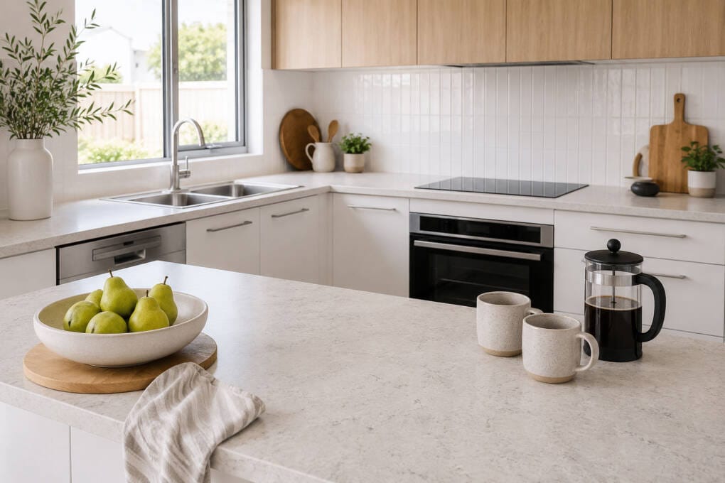 Stone-look laminate benchtop in a bright budget-friendly Perth kitchen
