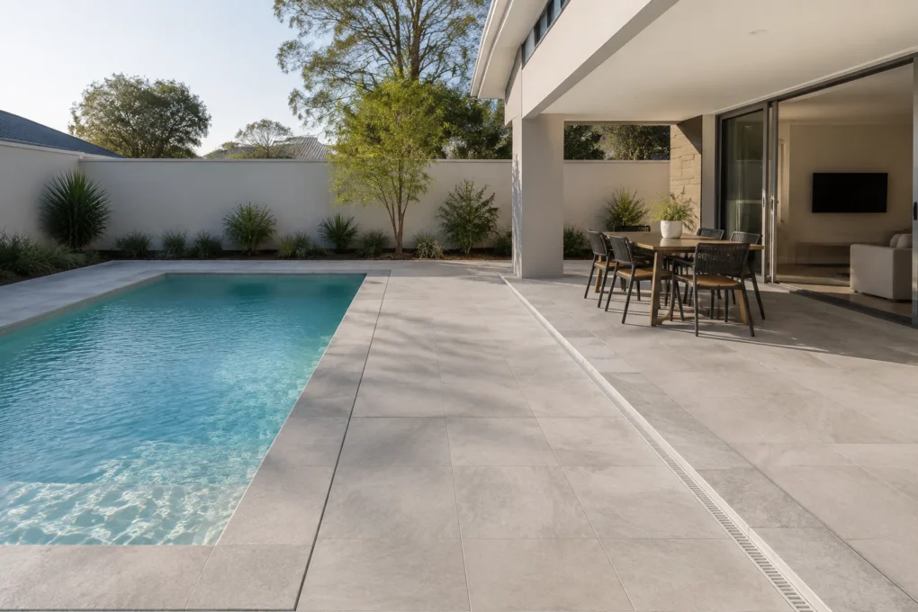 Outdoor porcelain tiles around a sunny Perth pool and entertaining area