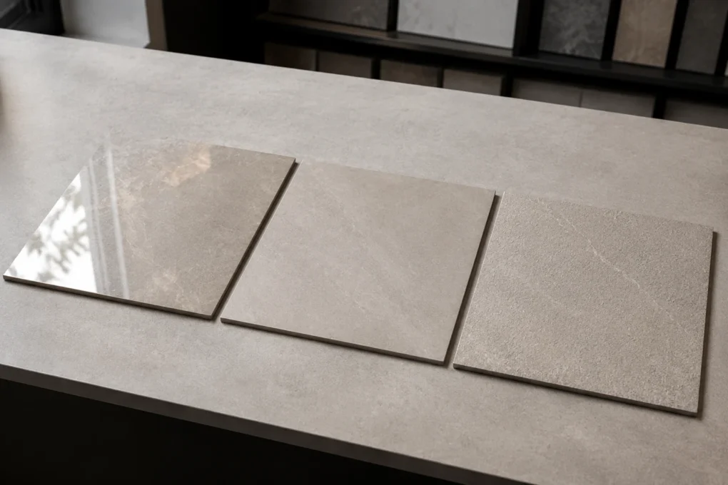 Comparison of polished, matt and textured porcelain tile finishes