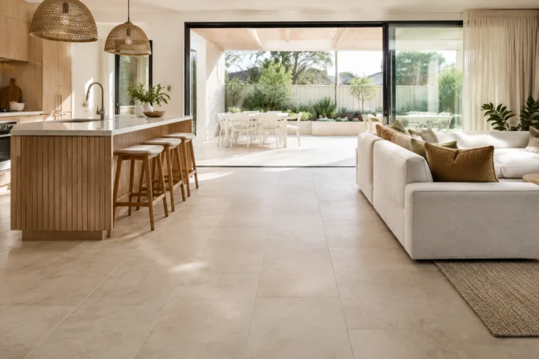 Porcelain floor tiles in a contemporary Perth kitchen and living area