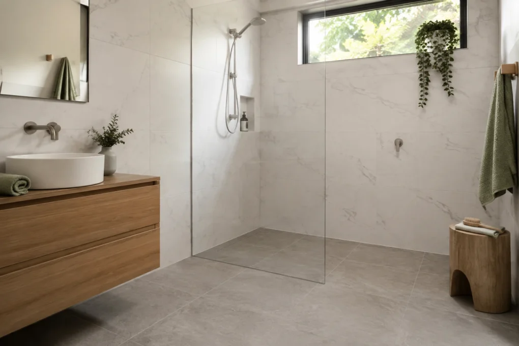 Matt porcelain floor tiles and decorative porcelain wall tiles in a bathroom