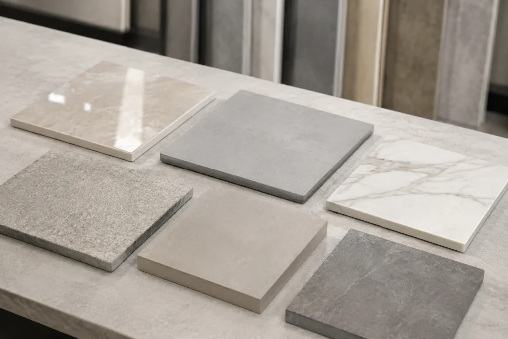 Different types and finishes of porcelain tile samples