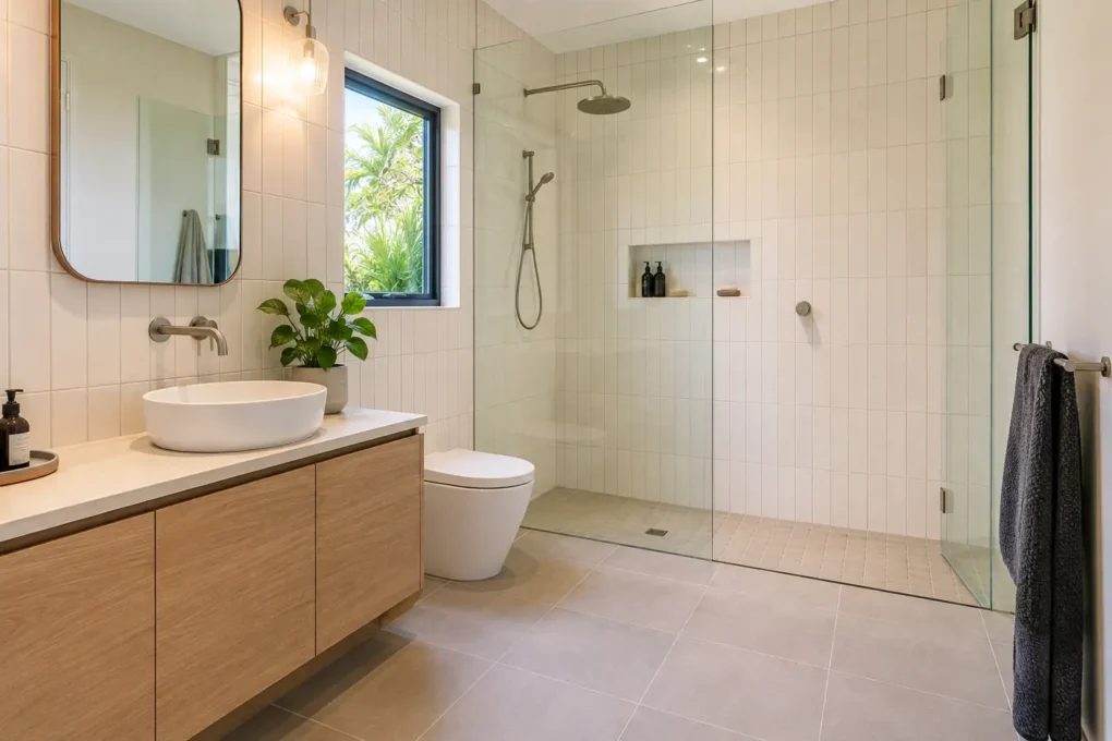 Ceramic wall tiles and floor-suitable ceramic tiles in a bathroom
