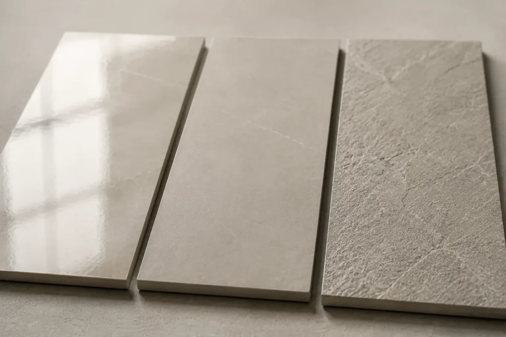 Glazed, matt and textured ceramic tile finishes compared