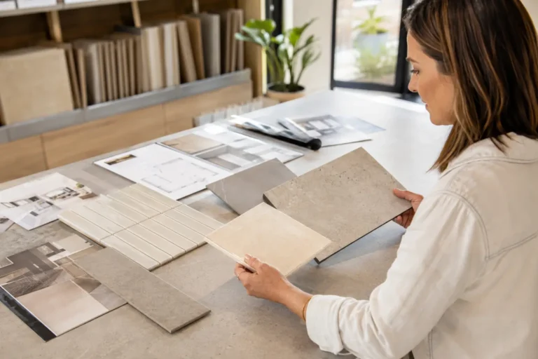 Homeowner comparing ceramic tile samples for wall and floor use