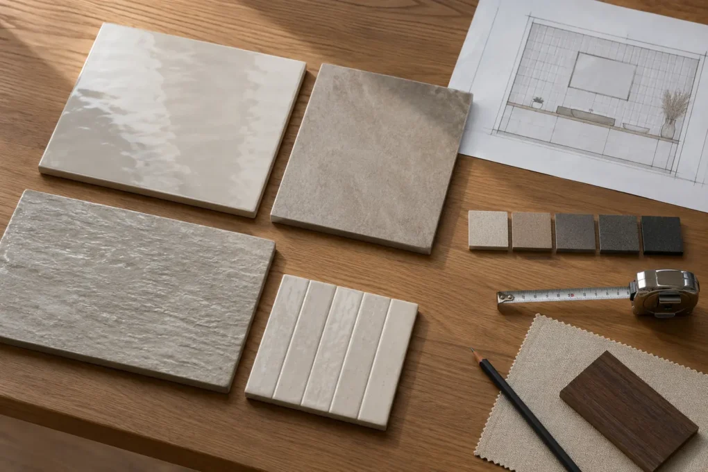Wall tile shortlist with samples, grout colours and room measurements