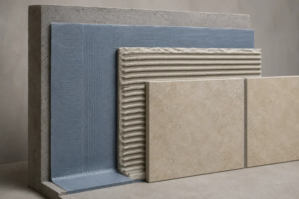 Wall tile system showing substrate, waterproofing, adhesive, tile and grout layers