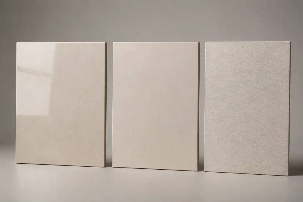 Gloss, matt and textured wall tile finishes under the same lighting