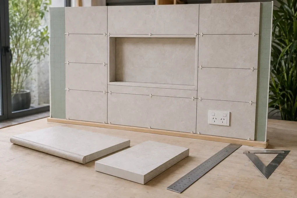 Wall tile layout planned around cuts, joints, a niche and edge types