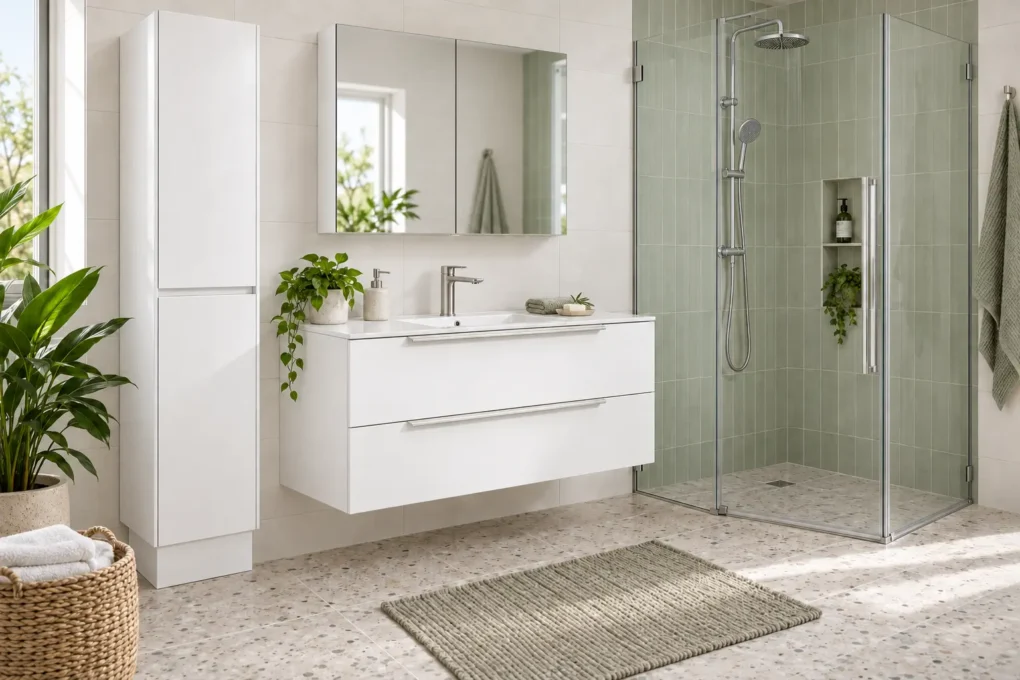 Mirror cabinet with coordinated storage and bathroom accessories
