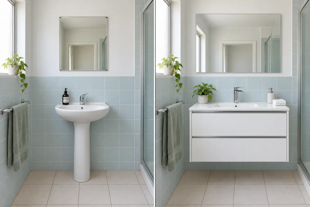 Low-cost bathroom makeover using cleaning, storage and coordinated accessories