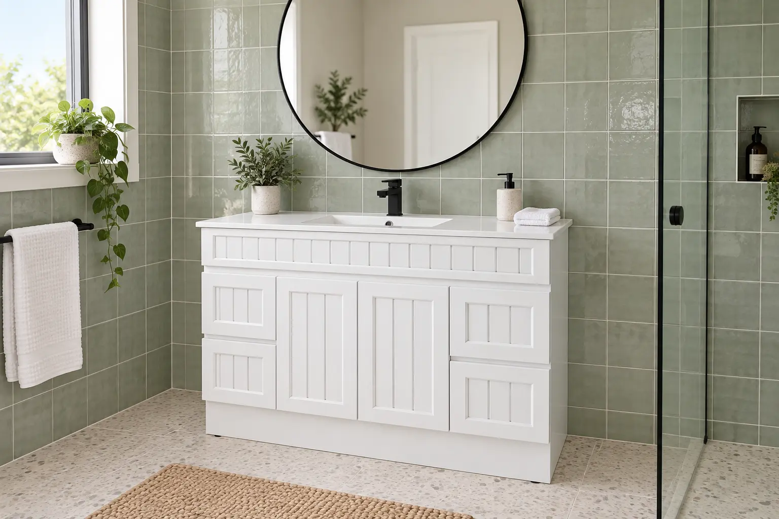 Refreshed Perth bathroom with new mirror, storage and coordinated accessories