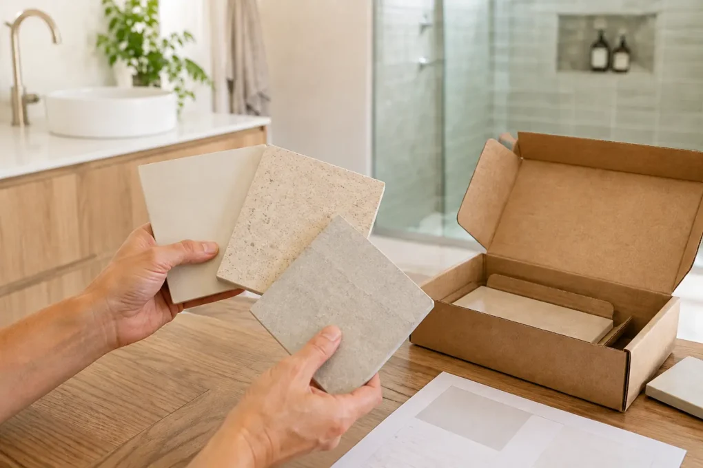 Comparing tile samples for bathroom wall and floor suitability