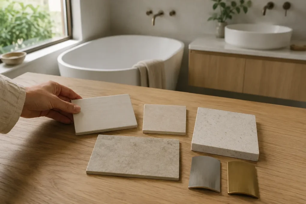 Coordinated bathroom tile samples with vanity top and tapware finishes