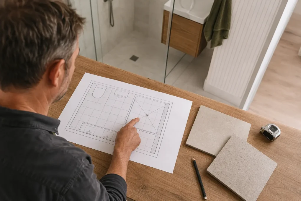 Planning bathroom tile size and layout around the shower waste and vanity