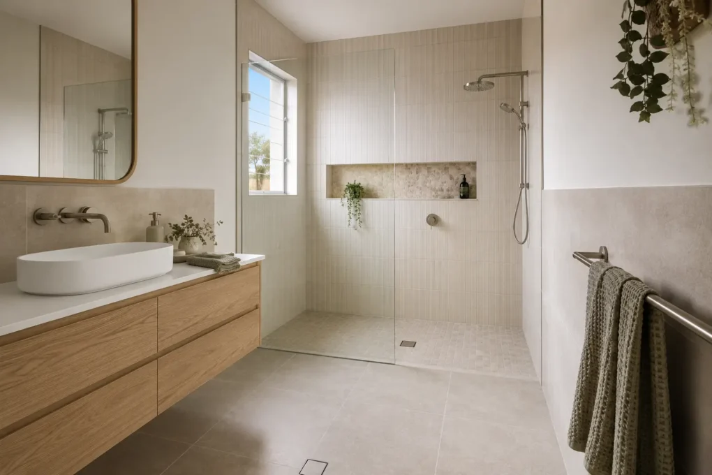 Bathroom tile zones across the main floor, shower floor and walls