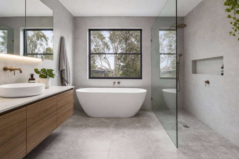 Coordinated bathroom floor and wall tiles in a modern Australian bathroom