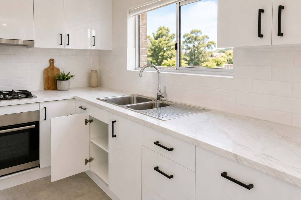 Budget Perth kitchen cabinet refresh with new handles and stone-look benchtop