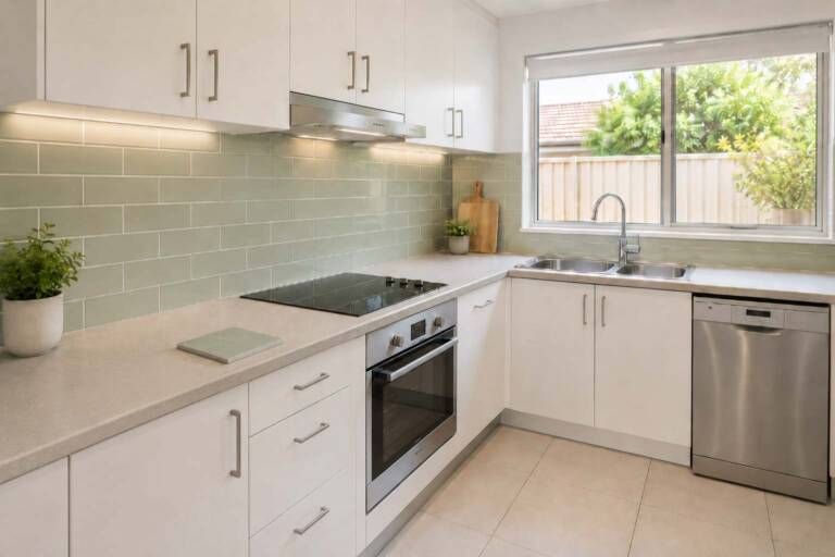 Kitchen renovation on a budget in Perth with updated splashback sink tap and benchtop