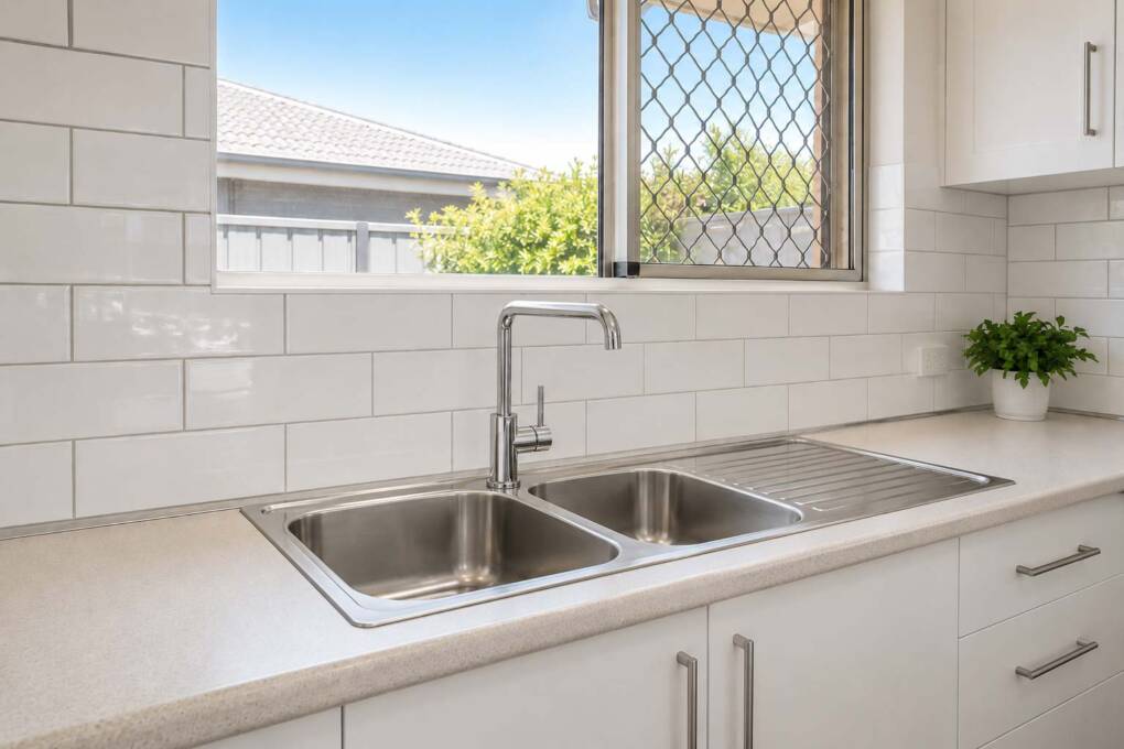 Budget kitchen splashback sink and tap upgrade in a Perth home renovation