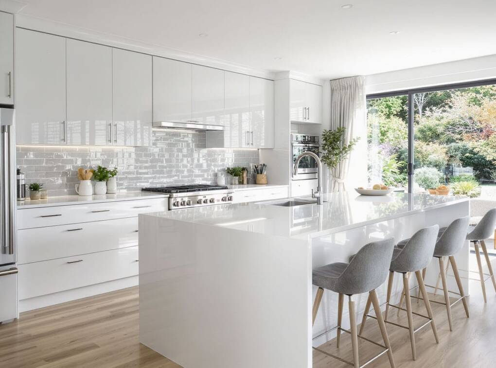 Modern white kitchen with pre-assembled cabinets from Ross’s Discount Home Centre in Perth, featuring marble island, stainless steel appliances, and large windows opening to a garden view