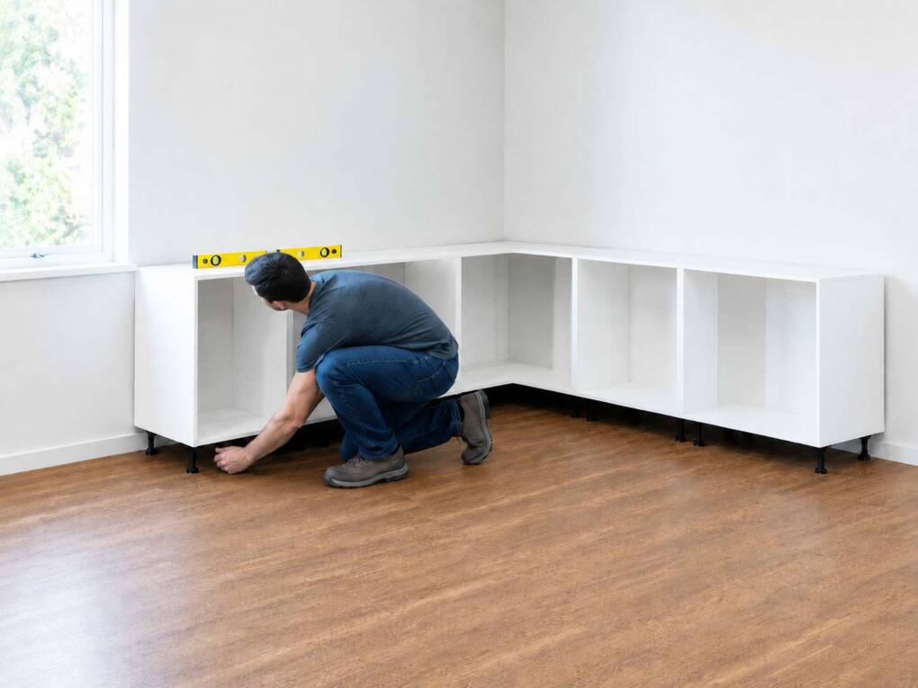 Homeowner levelling white base kitchen cabinets on adjustable feet during DIY cabinet installation in Perth