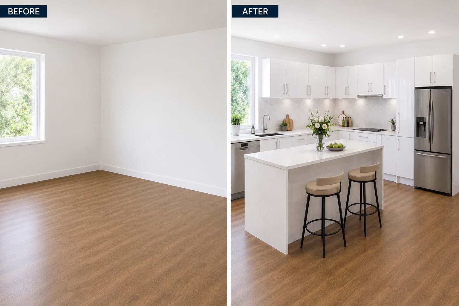 Before and after of a white DIY kitchen cabinet installation showing an empty room transformed into a finished Perth kitchen