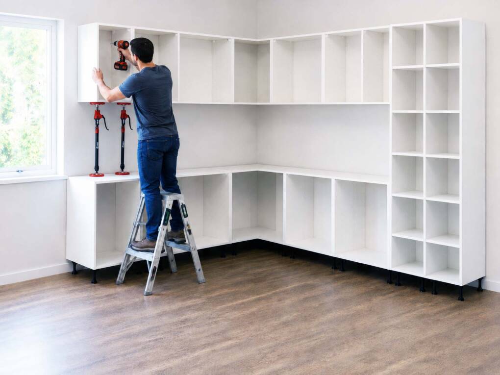 Homeowner installing white wall kitchen cabinets with a cordless drill during a DIY kitchen cabinet installation