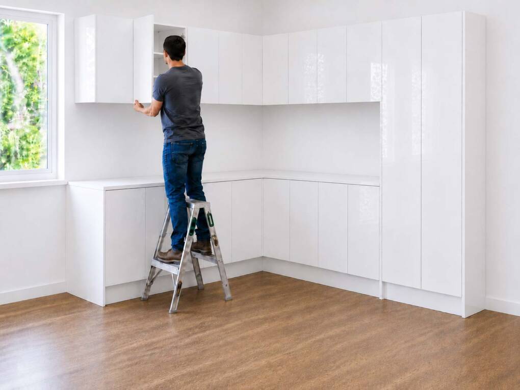 Homeowner fitting high gloss white kitchen cabinet doors as part of a DIY kitchen cabinet installation