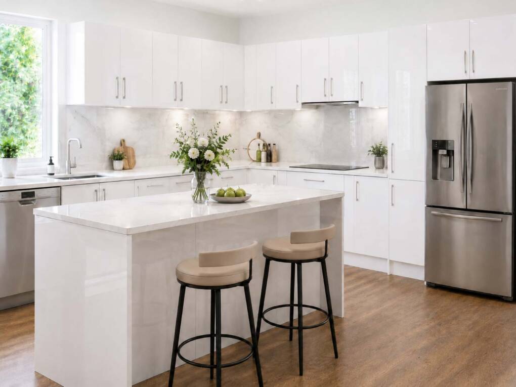 Finished Perth kitchen with high gloss white cabinets, handles, island bench and stainless steel appliances
