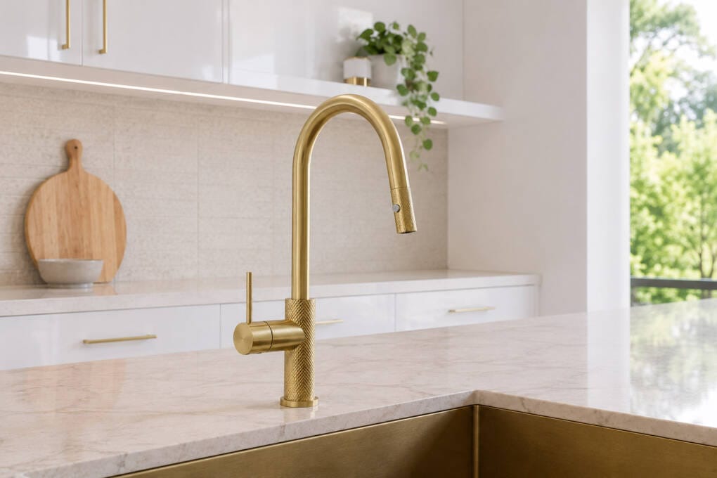 An undermount kitchen sink with a bru
shed gold pull-out mixer tap set into a stone-look benchtop