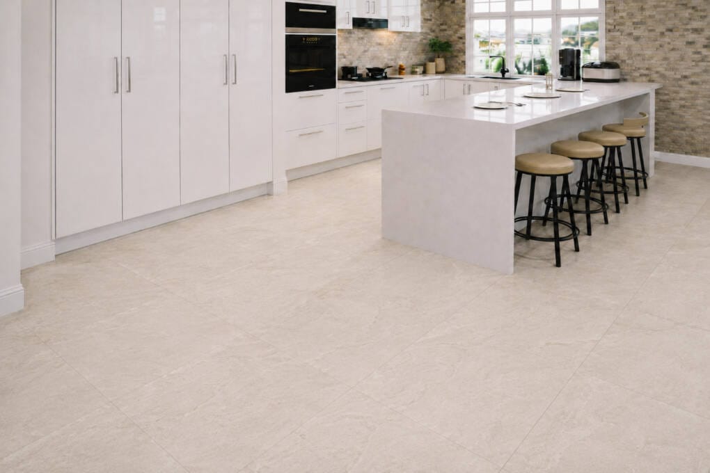 Light stone-look floor tiles and pendant lighting over an island beside high-gloss white cabinets.
