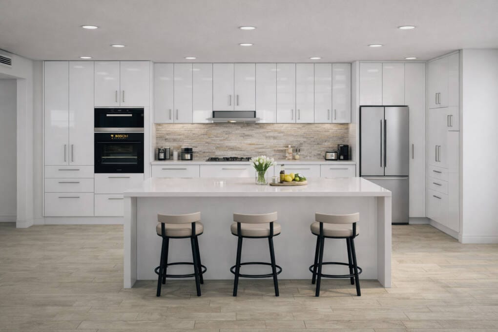 A full wall of high-gloss white kitchen cabinets forming the base of a modern kitchen design