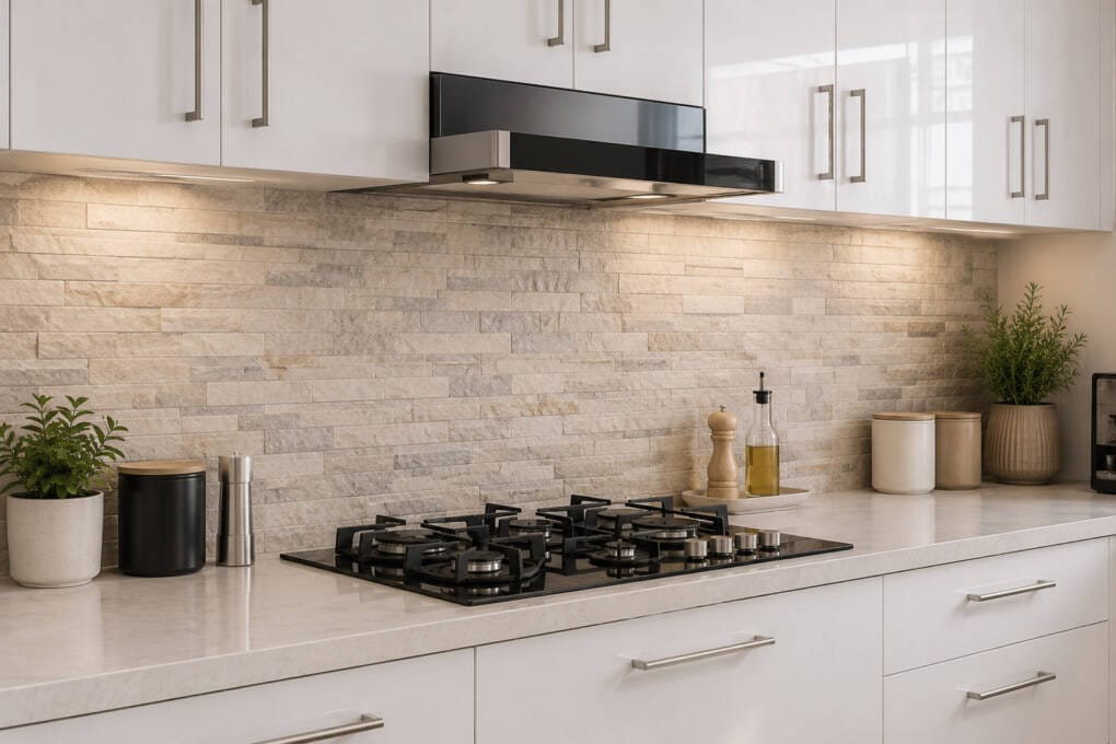 A textured, neutral-tone splashback tile between the benchtop and high-gloss cabinets in a modern kitchen.