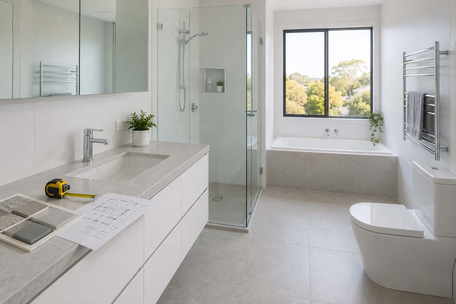 Bathroom renovation cost breakdown showing vanity tiles shower screen bath and tapware in a Perth bathroom