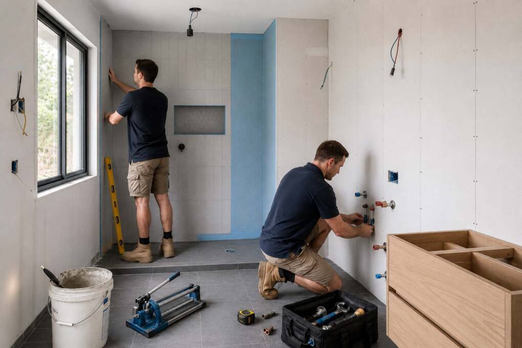 Bathroom renovation labour costs showing trades working on tiling plumbing and waterproofing in Perth