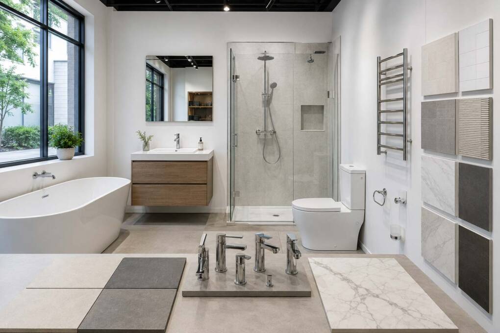 Bathroom renovation material costs with tiles vanity tapware bath toilet and accessories in a Perth showroom