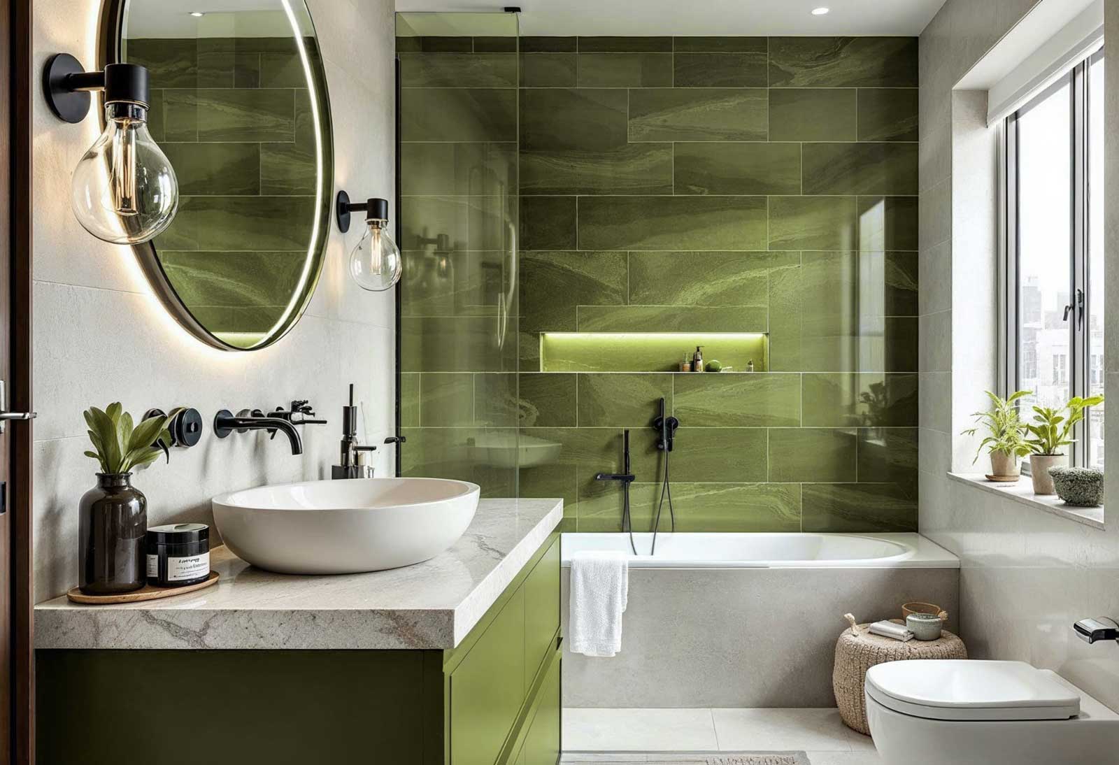 vibrant olive green bathroom