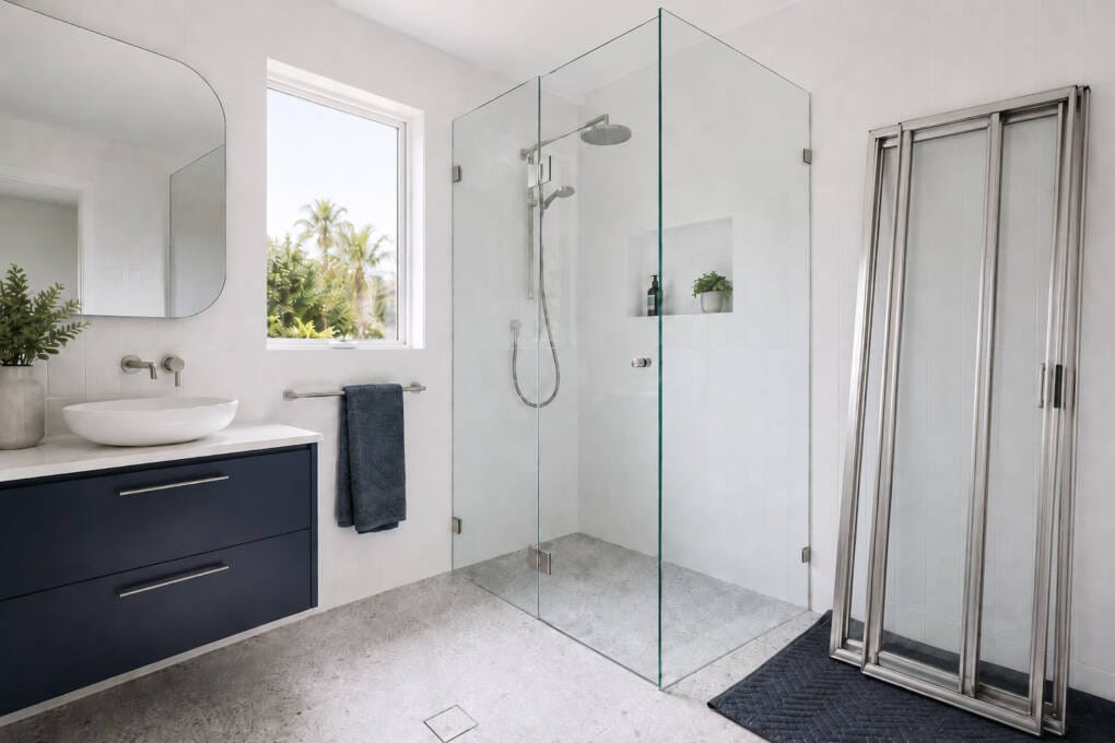 Old shower screen replaced with new frameless shower screen installation