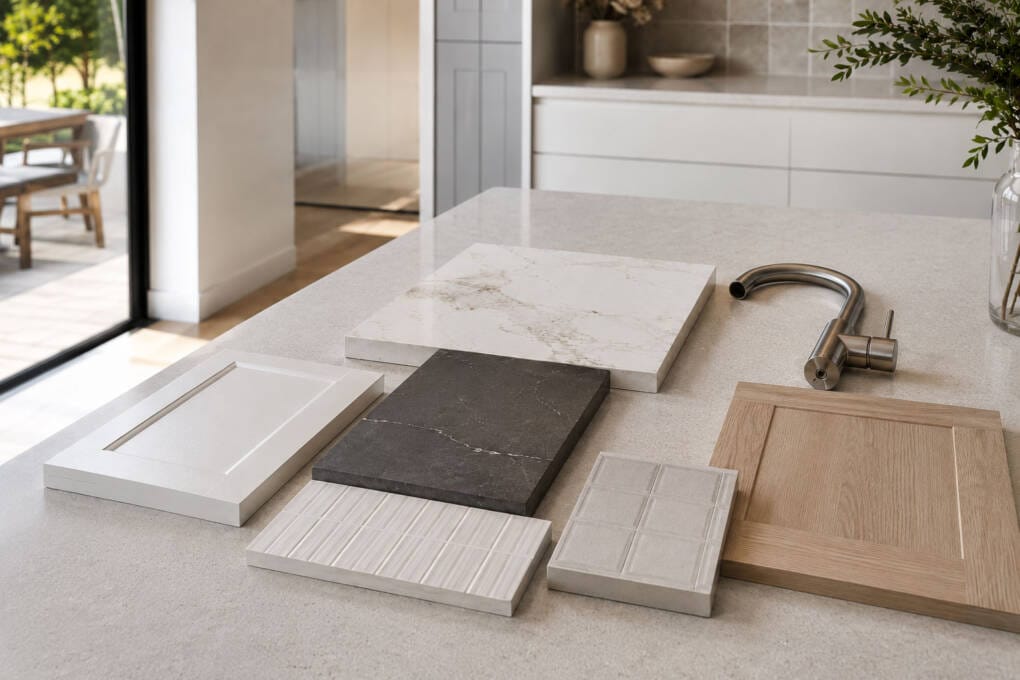 Benchtop, cabinet and splashback samples arranged together for Australian kitchen design planning